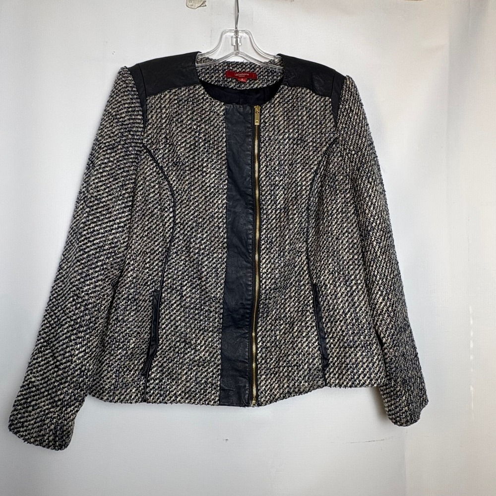 Liz Claiborne New York Tweed Moto Jacket Leather Trim Navy Blue Size 10 Career